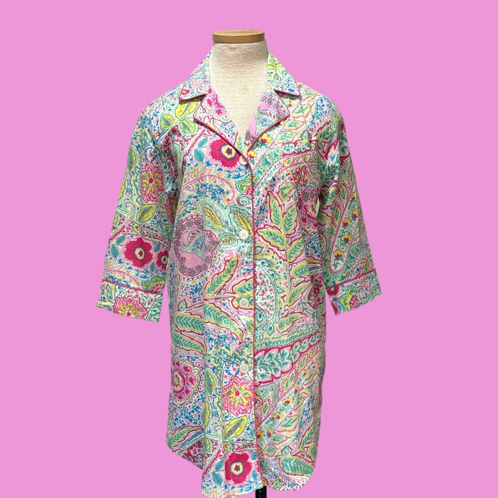 Lauren Ralph Lauren sz M pastel floral 100% cotton button front nightgown